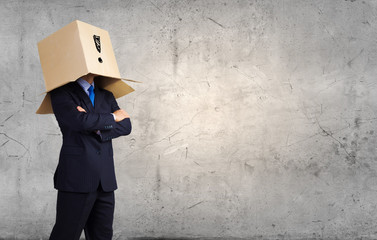 Man with box on head