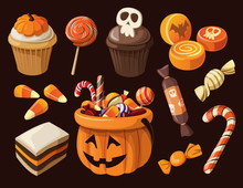Set Of Colorful Halloween Sweets And Candies Icons