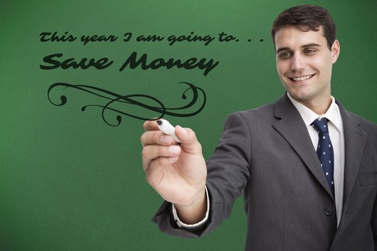 Composite image of young businessman writing something