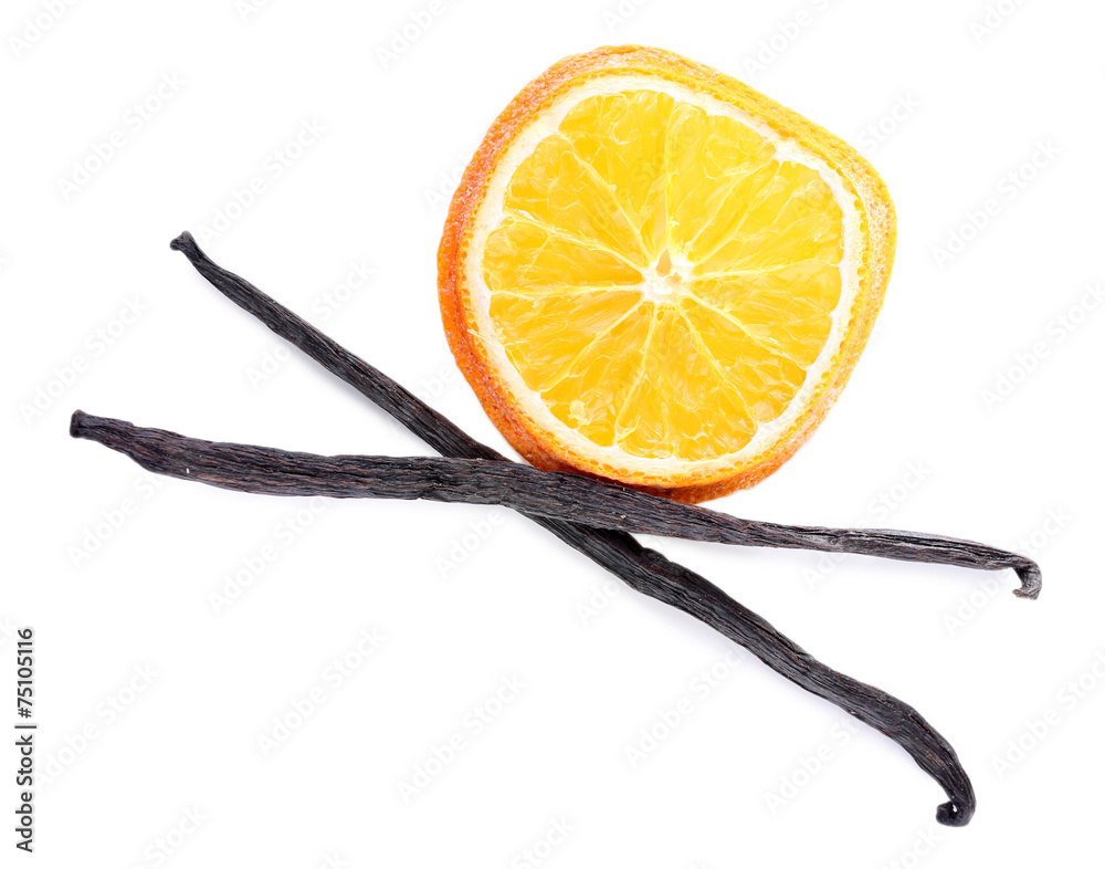 Dried orange with vanilla beans isolated on white