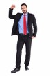 © WavebreakMediaMicro - Unsmiling businessman standing with hand raised