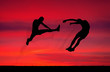 © es0lex - Silhouettes of two fighters on sunset fiery background.