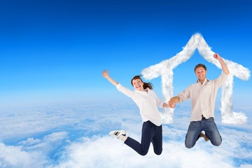 Poster - Composite image of couple jumping and holding hands