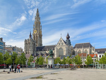 Cathedral And Statue Of Peter Paul Rubens In Antwerp