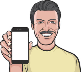 latino man showing a mobile app on a smart phone