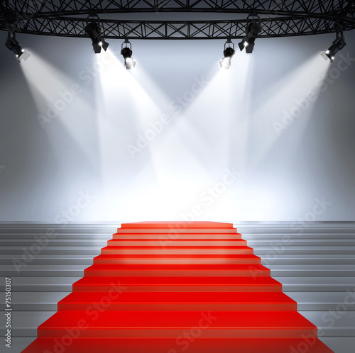 Poster Stairs with red carpet and with spotlights