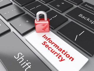Poster - closed Padlock and Information Security on computer keyboard. Pr