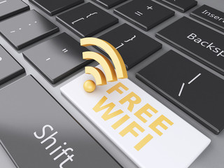 Poster - free wifi button on computer keyboard. 3d illustration