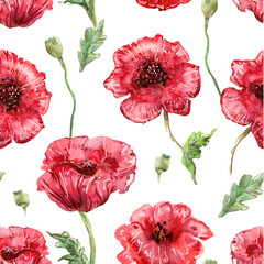 Wall Mural - seamless texture with watercolor painting of poppies