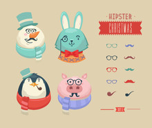 Christmas Hipster Animals. Vector Illustration