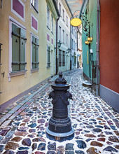 Medieval Street In Old City Of Riga, Europe