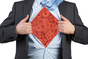 Canvas Print - businessman tearing his shirt with red gears