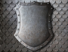 Old Medieval Coat Of Arms Shield Over Scales Armour Background