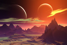 3D Rendered Fantasy Alien Planet. Rocks And  Moon