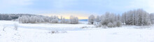 Winter Landscape With Frozen Lake And Snowy Trees