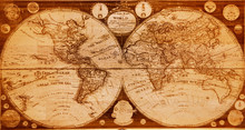 Old Wooden Map Of Northern And Southern Hemispheres Earth