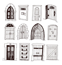 Set Of Old Door Icon, Illustration Vector.