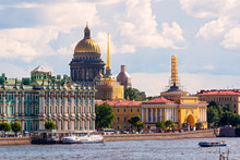 Admiralty And St Isaac's Cathedral In Saint Petersburg, Russia. Neva River View.