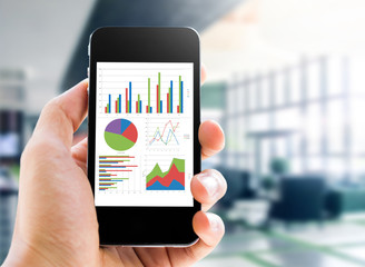 Poster - hand holding mobile phone with analyzing graph