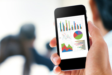 Poster - hand holding mobile phone with analyzing graph