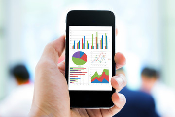 Poster - hand holding mobile phone with analyzing graph