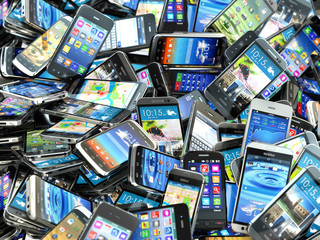 Aufkleber - mobile phones background. pile of different modern smartphones.