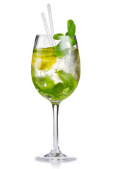 Wall Mural - Alcohol cocktail (Hugo) with lime and mint isolated