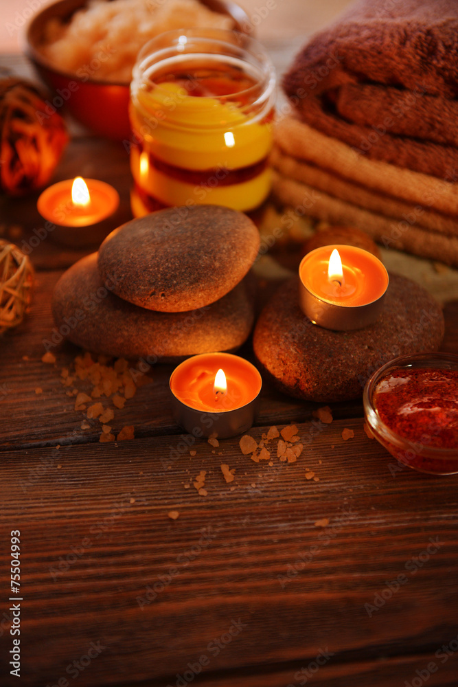 Composition of spa treatment on wooden background