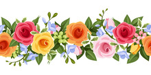 Horizontal Seamless Background With Colorful Roses And Freesia.