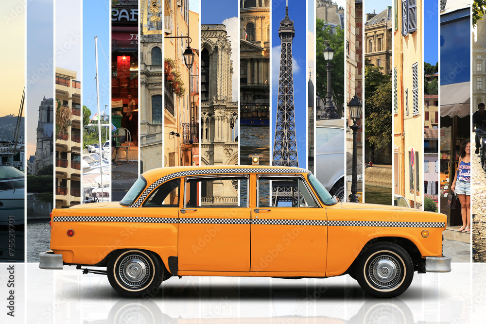 Taxi, retro car orange color on the white background