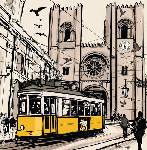 Plakat na zamówienie Typical tramway in Lisbon near Se cathedral