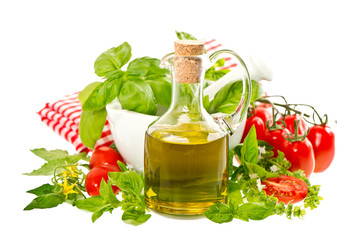 olive oil with fresh basil and tomatoes. food background