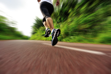 Wall Mural - young fitness woman legs running at forest trail