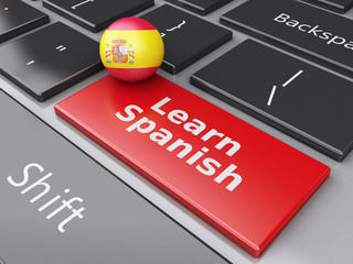 Poster - 3d Learn spanish on computer keyboard. Education concept