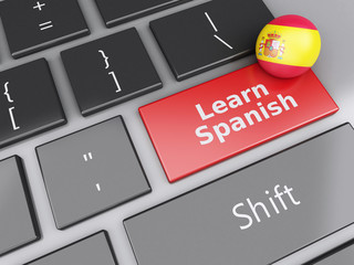 Poster - 3d Learn spanish on computer keyboard. Education concept
