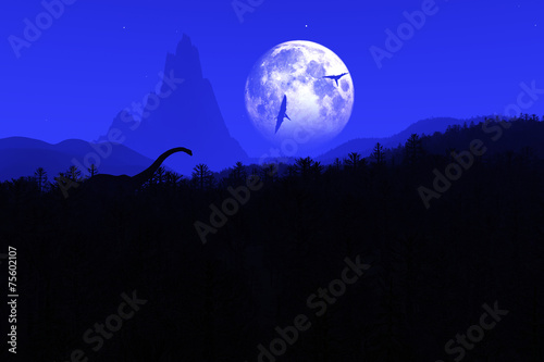 Prehistoric Jurassic Jungle at Night under Fullmoon 3D artwork Billede på lærred