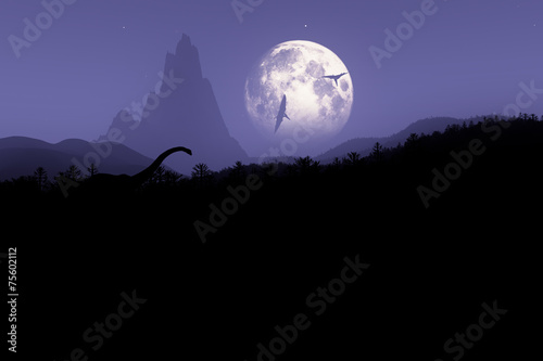 Prehistoric Jurassic Jungle at Night under Fullmoon 3D artwork Billede på lærred
