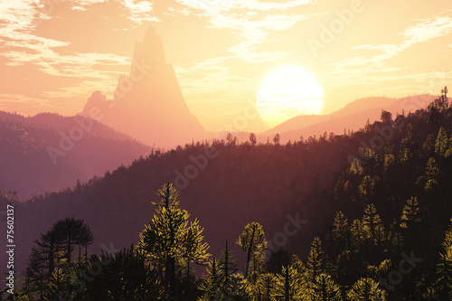 Prehistoric Jurassic Jungle in the Sunset Sunrise 3D artwork Billede på lærred
