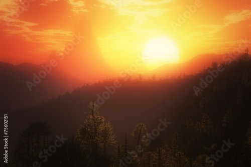 Fotografering Prehistoric Jurassic Jungle in the Sunset Sunrise 3D artwork
