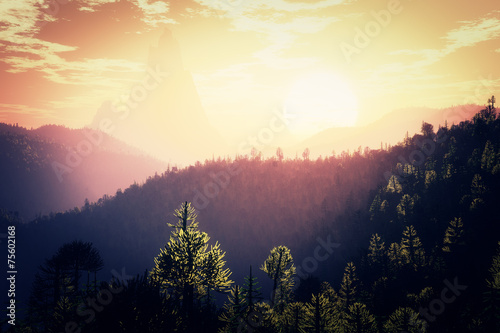 Fotografering Prehistoric Jurassic Jungle in the Sunset Sunrise 3D artwork