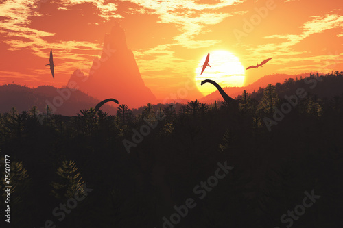 Prehistoric Jurassic Jungle in the Sunset Sunrise 3D artwork Billede på lærred