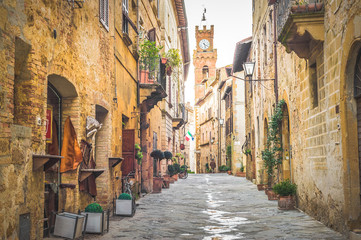 Street in old mediaeval town in Tuscany, Pienza.