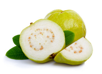 Wall Mural - Fresh guava fruit with leaves and slices isolated white