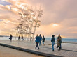 Thessaloniki, port, umbrellas, people, sunset