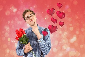Poster - Composite image of geeky hipster holding a bunch of roses