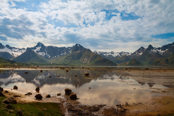 Wall Mural - scenic view of fjord and snow mountains, Norway, Lofoten