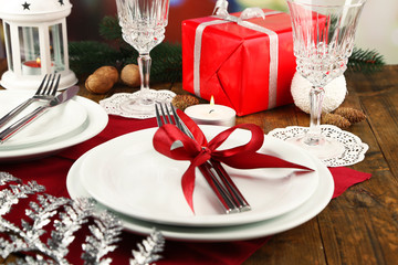 Wall Mural - Holiday table setting with Christmas decoration background