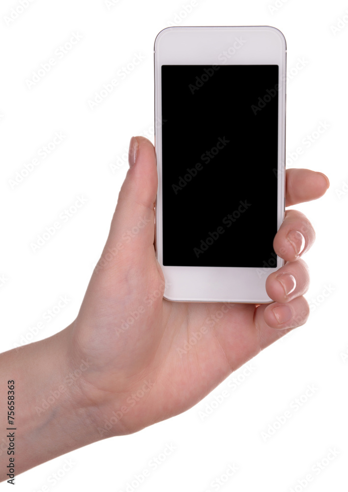 Hand holding mobile smart phone isolated on white