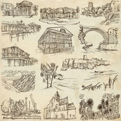 famous places and architecture - hand drawings