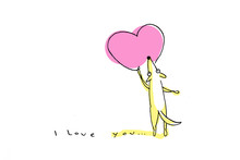 Yellow Dog Drawing Big Pink Heart On Valentine's Day